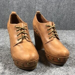 Crown Vintage Womens 7 M Brown Leather Platform Block Heel Shoes F0208